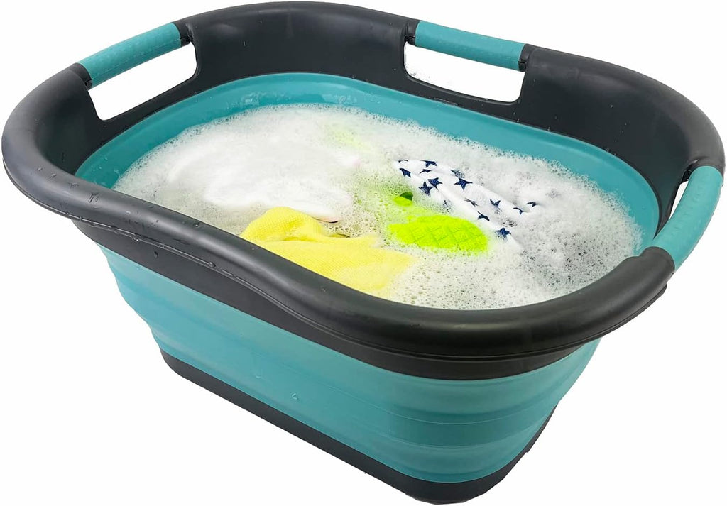 SAMMART 30L (7.9 gallon) Collapsible Plastic Laundry Basket - Foldable Pop Up Storage Container/Organizer - Portable Washing Tub - Space Saving Hamper/Basket (Grey/Crystal Blue)