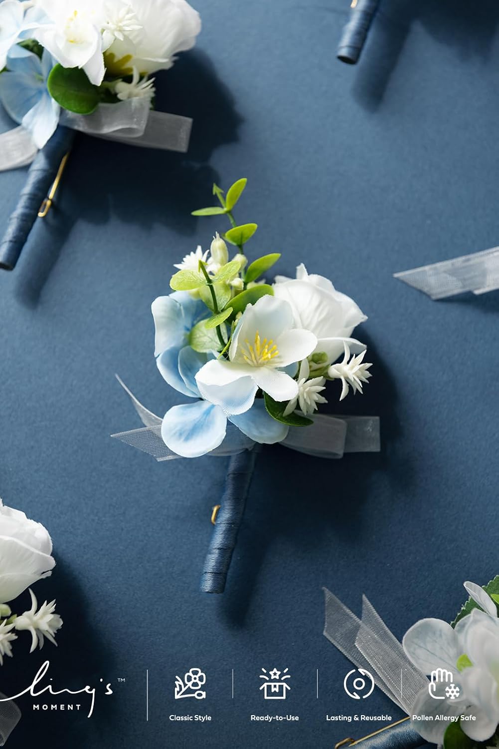 Ling's moment Boutonniere for Men, Blue, 10pcs