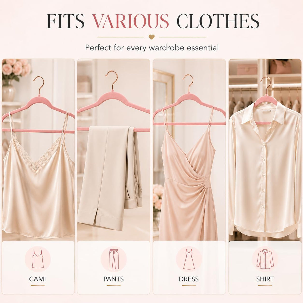 Smartor Pink Velvet Hangers 50 Pack, Non Slip Rose Gold Hook Felt Hangers
