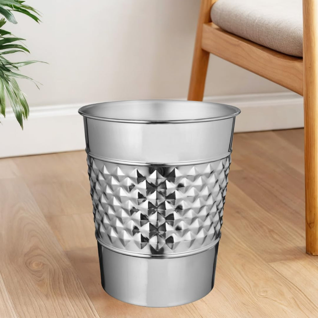 Monarch Abode Metal Bathroom Trash Can – Waste Basket for Bedroom, Office Desk, & Dorm, Handcrafted Geo Embossed, Durable Decorative Nickel Chrome Small Trash Can Bathroom Garbage Bin Wastebasket