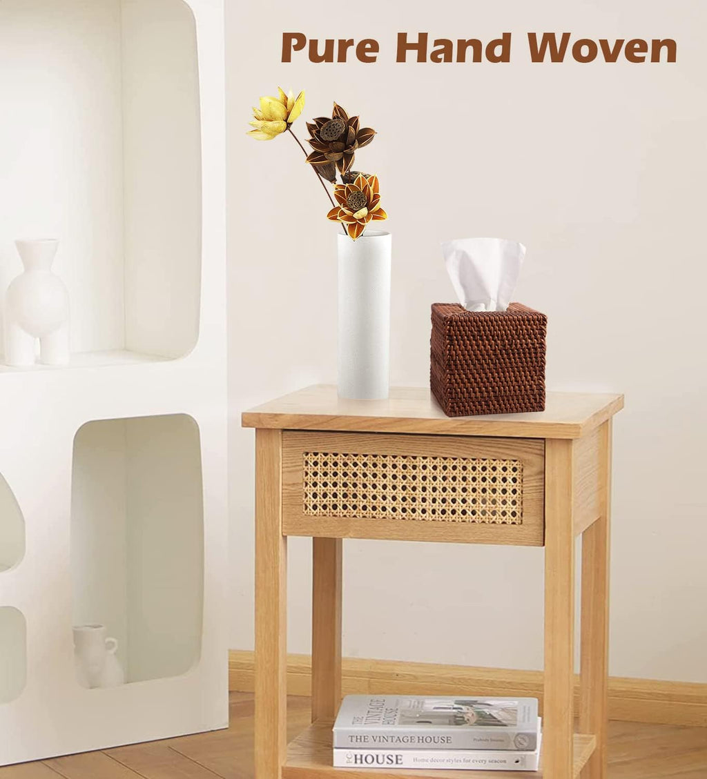 Livelab Natural Rattan Tissue Box Cover, Square Hand Woven Tissue Box Holder Tissue Box Case Organizer 5.5"X5.5"X5.7" Honey Brown