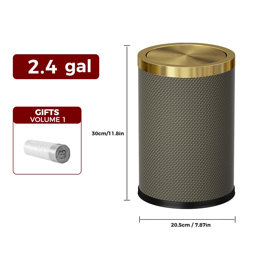 9L/2.4gal Bathroom Trash Can,Brass Trash Can,Swing Lid