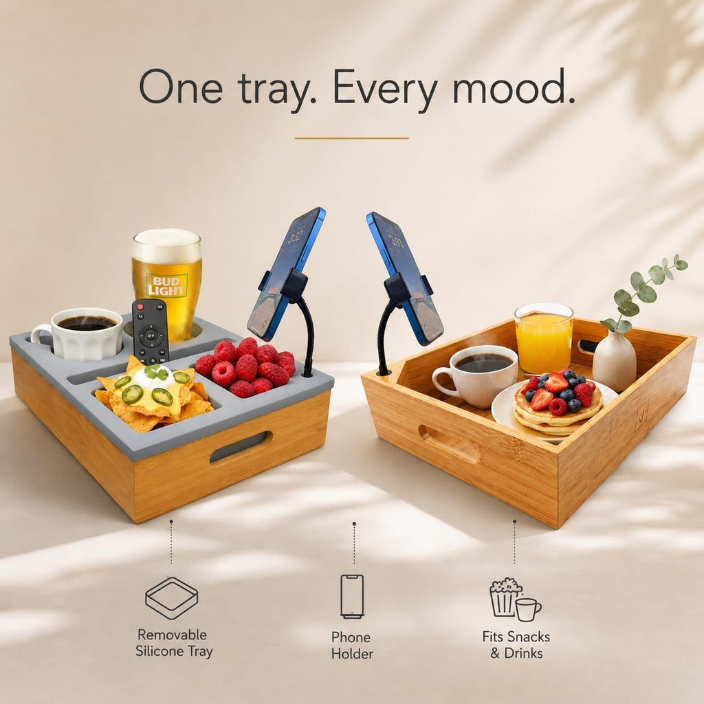 Couch Caddy with Cup Holder | Wood Couch Cup Holder Tray for Drinks, Snacks & Remotes | Sofa Couch Organizer with Phone & Cup Holder Tray (Grey)