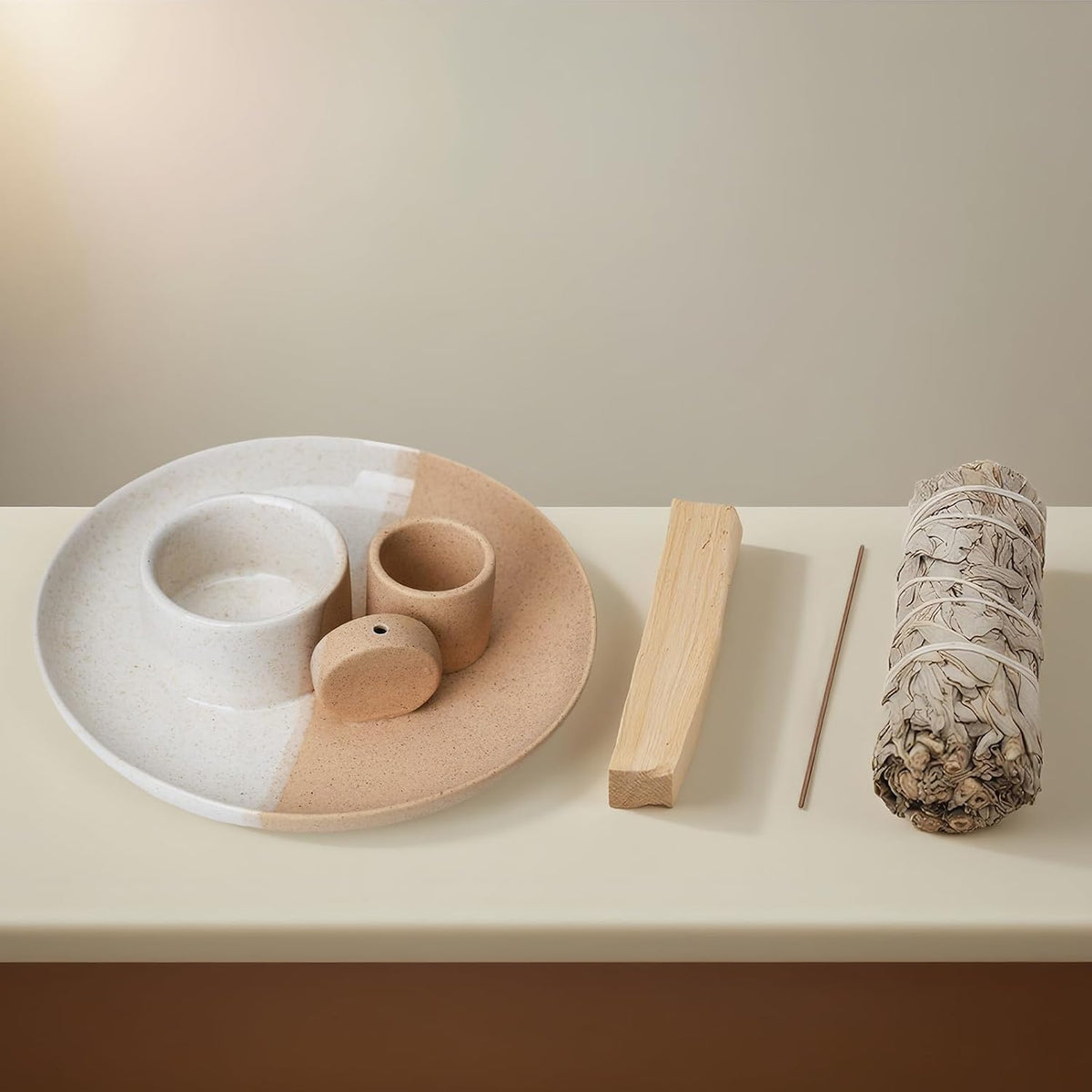 4 in 1 Incense Holder, Ceramic Incense Stick and Palo Santo Holder,Sage Holder for Burning- 4.25" Ceramic Ash Catcher Tray for Meditation and Yoga Room (White Sand)