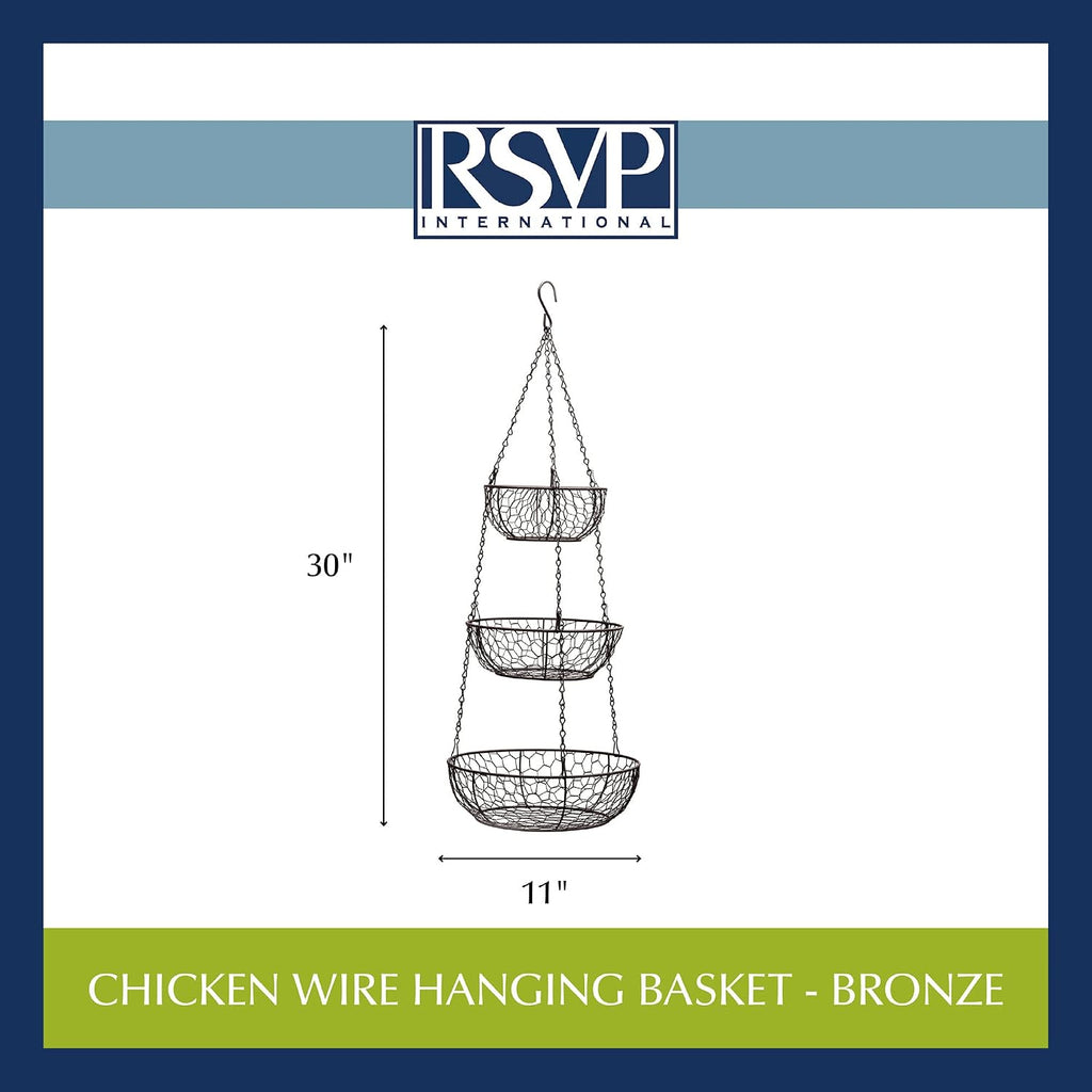 RSVP International Hanging Storage Collection 3-Tier Baskets, Bronze Chicken Wire