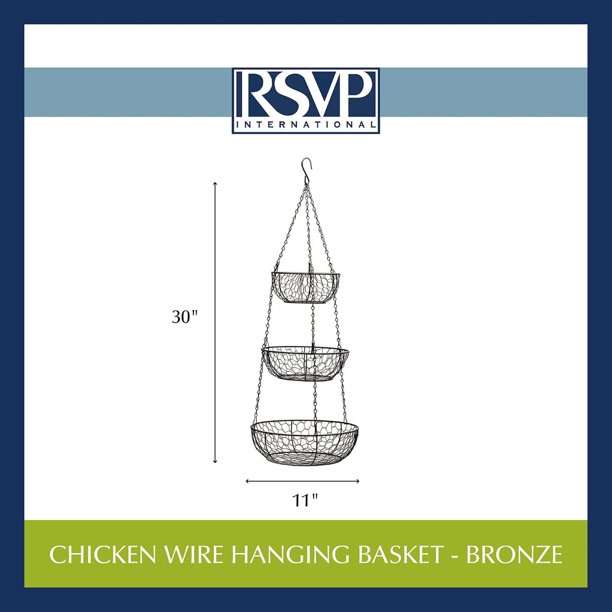 RSVP International Hanging Storage Collection 3-Tier Baskets, Bronze Chicken Wire