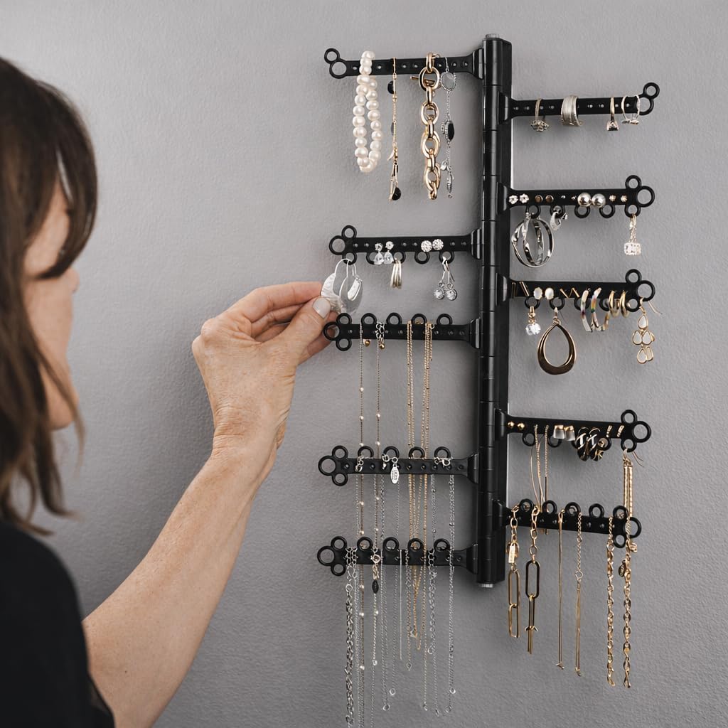 12-Tier Hanging Wall Jewelry Organizer, Earring,Necklace,Ring Holder-Black