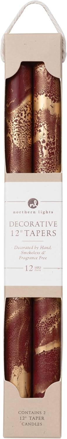 Northern Lights Candles - Premium Decorative Tapers - 12" 2PK - Bordeaux w/Gold - 73302