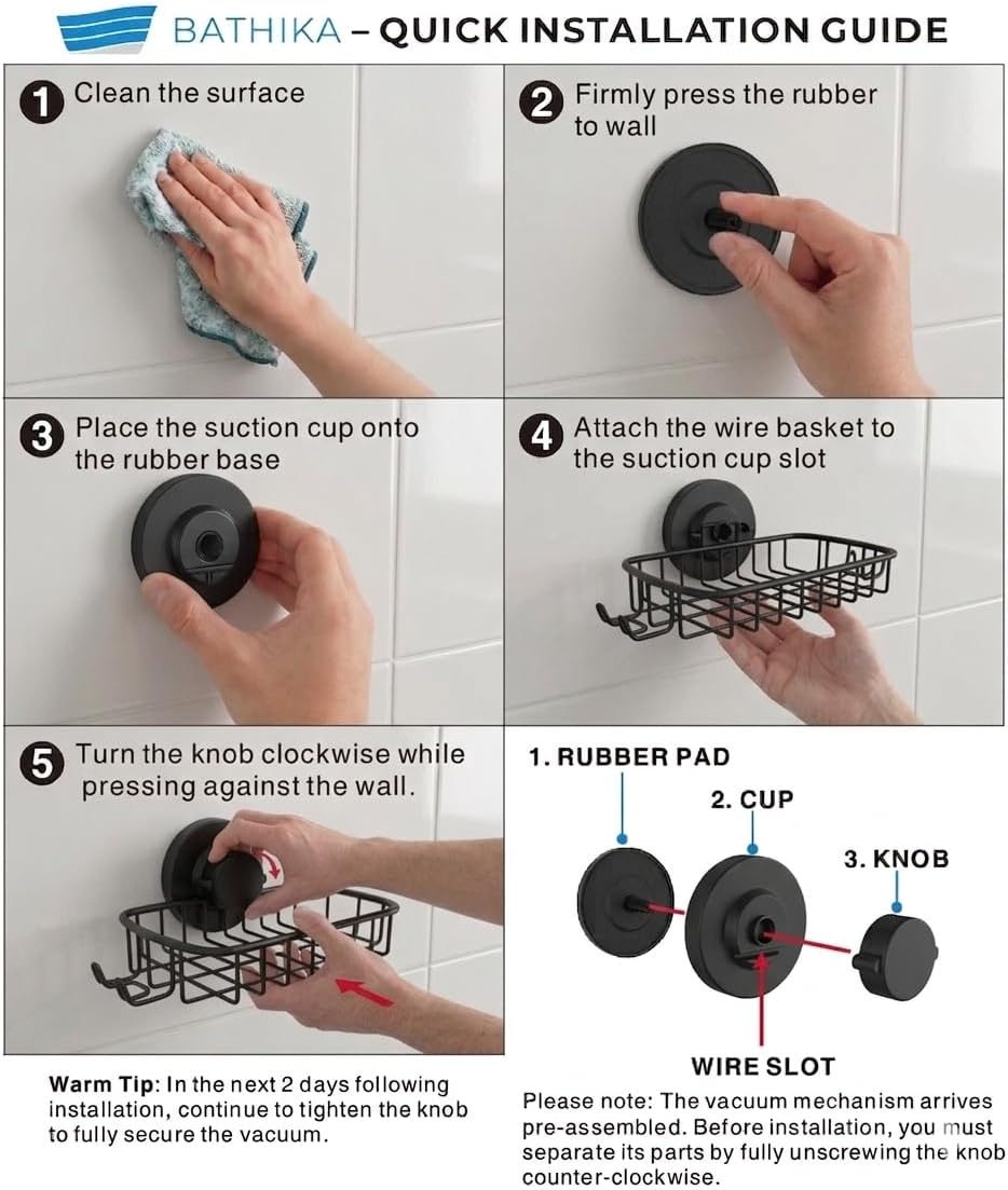 Soap Dish for Shower Suction Cup Powerful Vacuum System Rustproof 304 Stainless Steel Basket Sponges Holder with Razor Hooks for Bathroom or Kitchen Soap Holder (Black)
