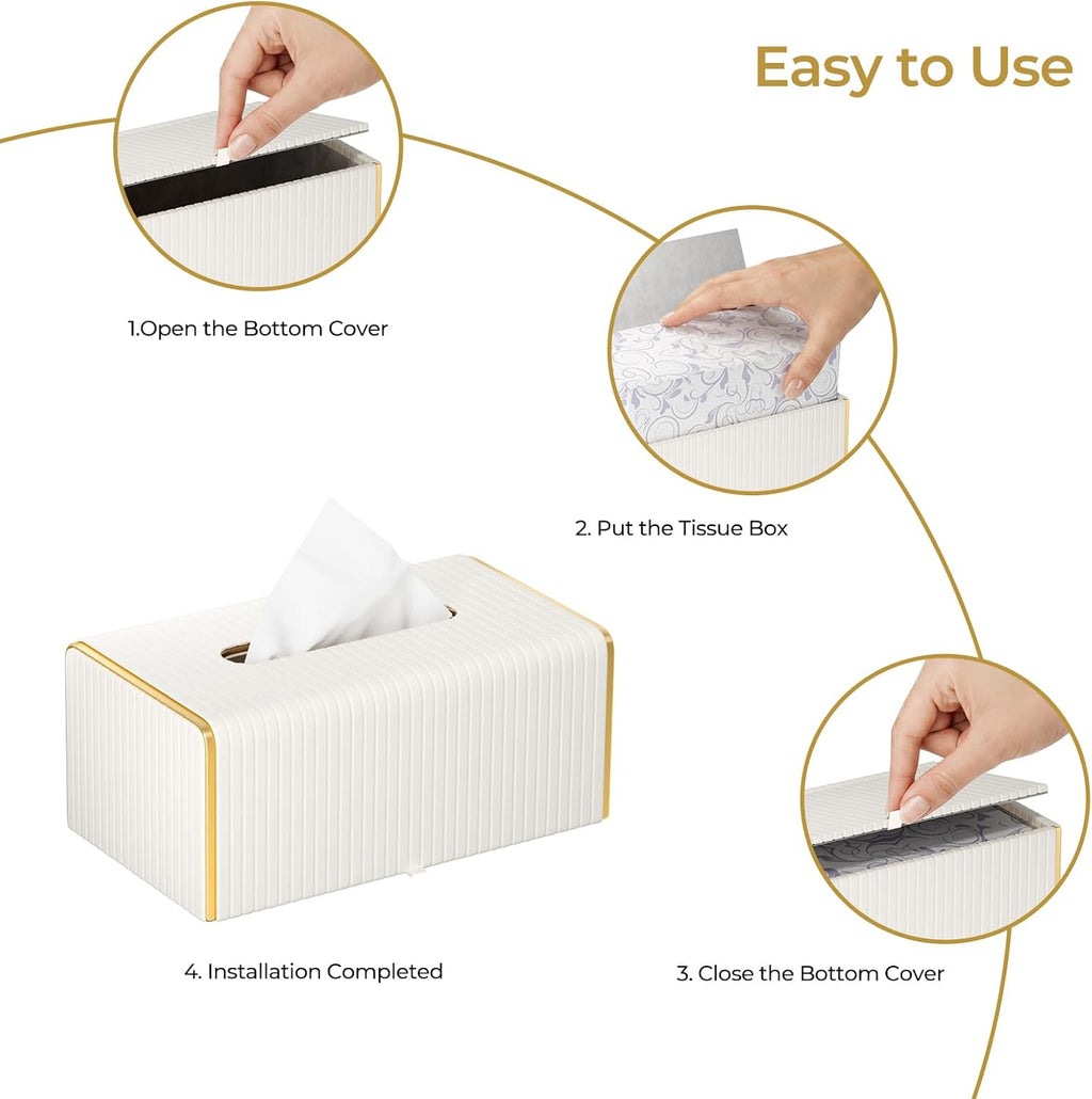 PU Leather Rectangle Tissue Box Cover, White, Long Tissue Box Holder