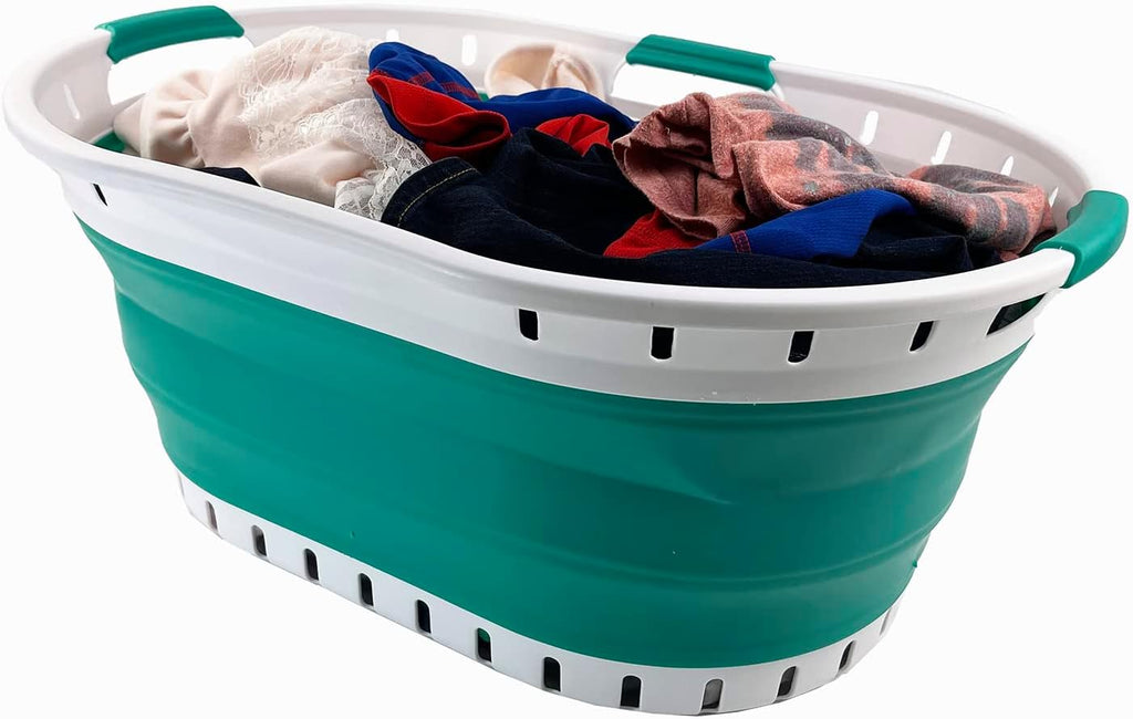 SAMMART 44L (11.6 gallon) Collapsible Plastic Laundry Basket - Foldable Pop Up Storage Container/Organizer - Portable Washing Tub - Space Saving Hamper/Basket (1, White/Bluish-Green)