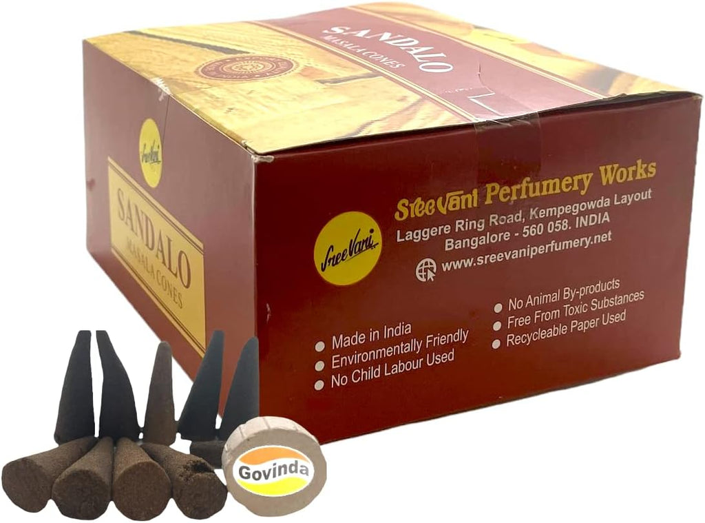 Sreevani Natural Masala Incense Cones and Holder Bundle, 120 Cones Total, Sandalo