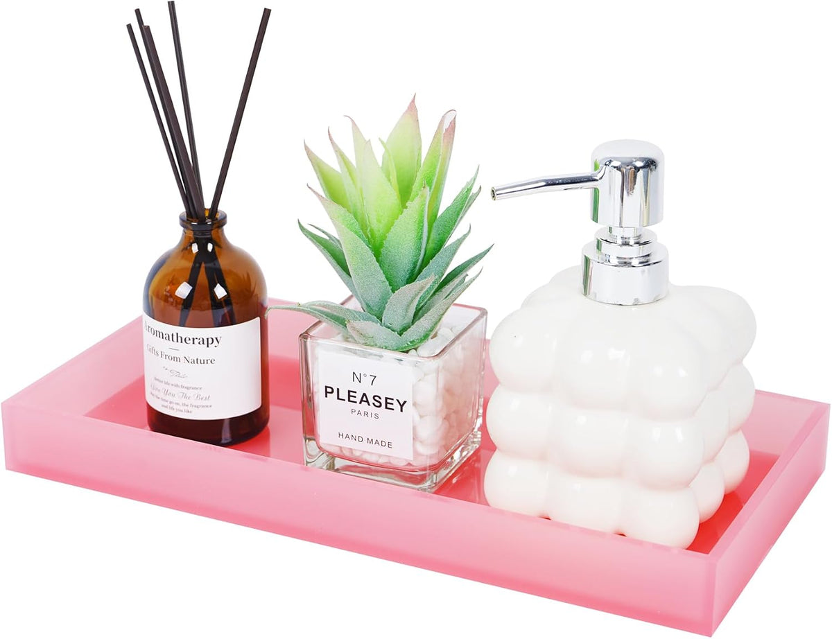 Pink Acrylic Tray 5mm Thicken for Vanity Makeup, Perfume, Jewelry Holder, Napkin, 12''x6'' Decorative Serving Tray for Bathroom, Toilet Tank, Sink Countertop, Dresser, Coffee Table