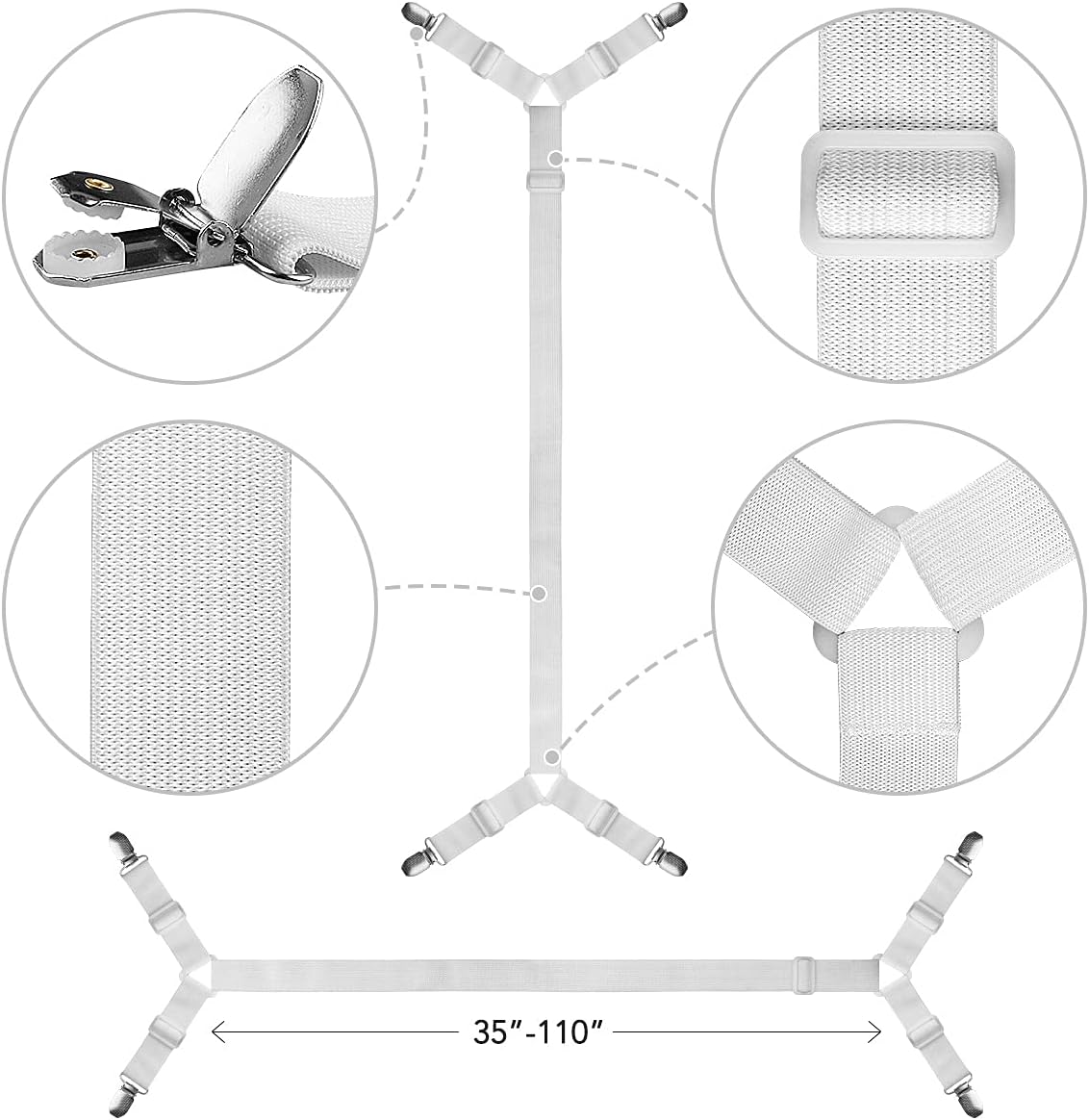 ACEDÉCOR Bed Sheet Suspenders, 4 Pcs(2 Sets) Adjustable Bed Sheet Holder Straps Fitted Sheet Clips Keeping Sheets in Place, White