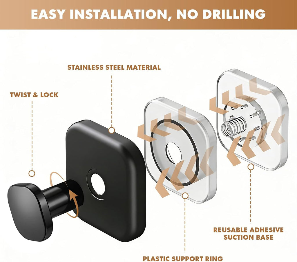 Suction Cup Hooks Steel for Bathroom, Heavy Duty, Waterproof, No Drill