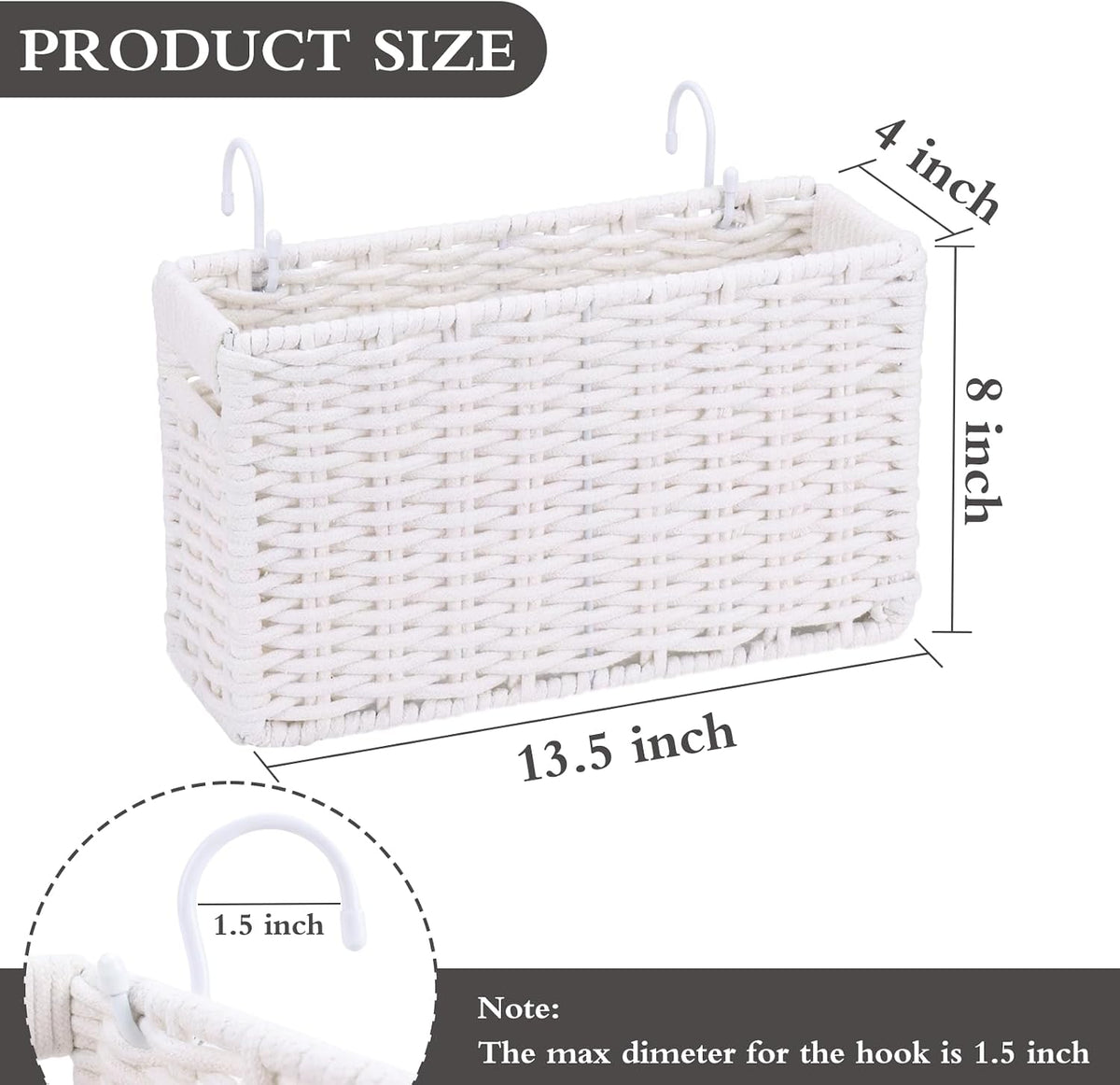 Cotton Rope Woven Bedside Caddy for Dorm Bed, Foldable Bedside Shelf Bunk Bed Accessories, College Dorm Room Essentials Hanging Organizers Storage Basket, Room Decor Magazine File Holder (White)