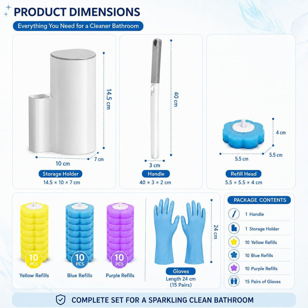 Upgraded 2026 Disposable Toilet Brush, Toilet Bowl Brush and Holder Set, Handle Auto Open Cleaners, Toilet Cleaning System with Storage Caddy for Sink 30 Wand Refills,15 Pairs of Gloves, Bathtub.