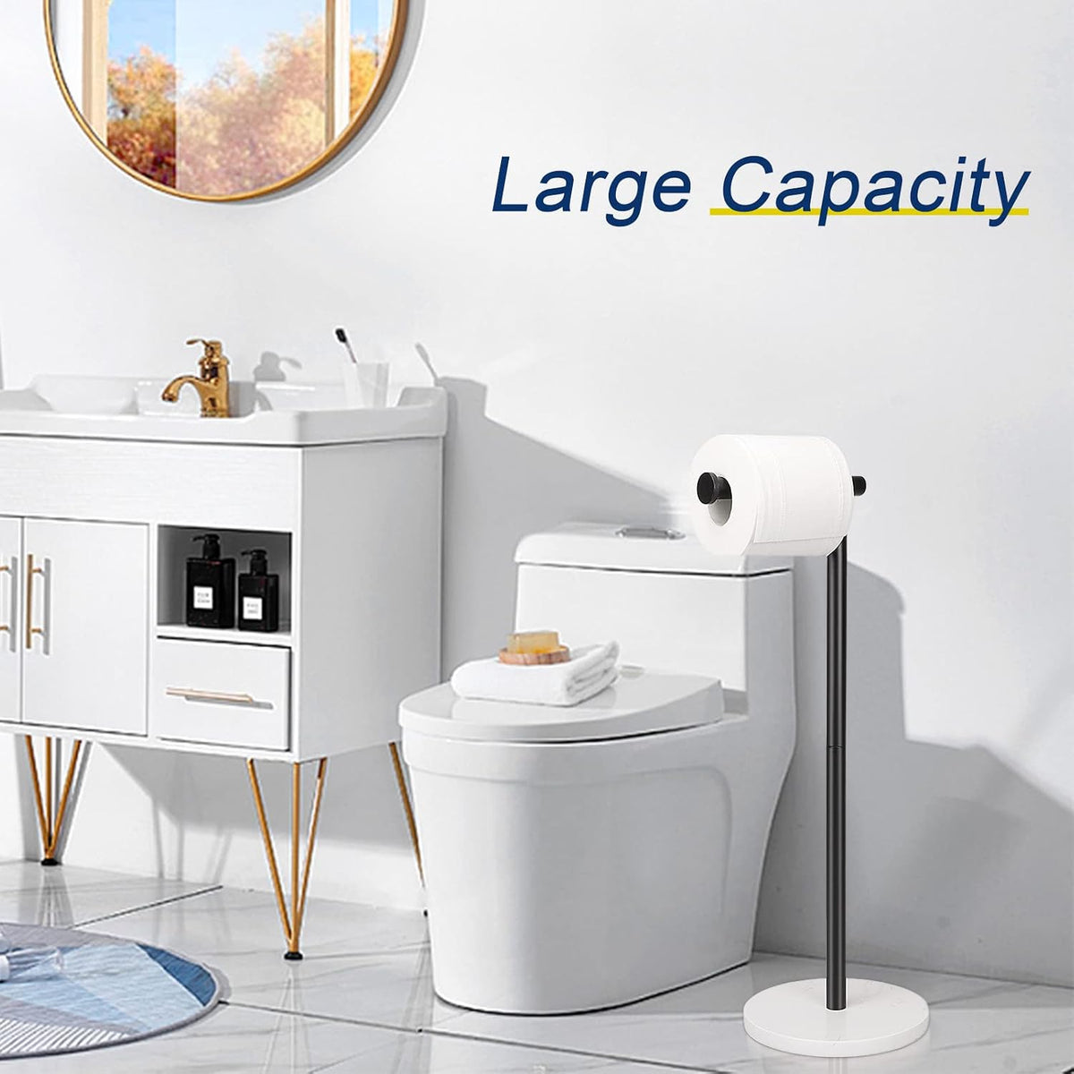 NearMoon Bath Toilet Paper Holder Stand- Modern Tissue Roll Holder Standing with Balanced Base, Rustproof Toilet Roll Holder for Bathroom/Kitchen Countertop (Matte Black, Marble Base)