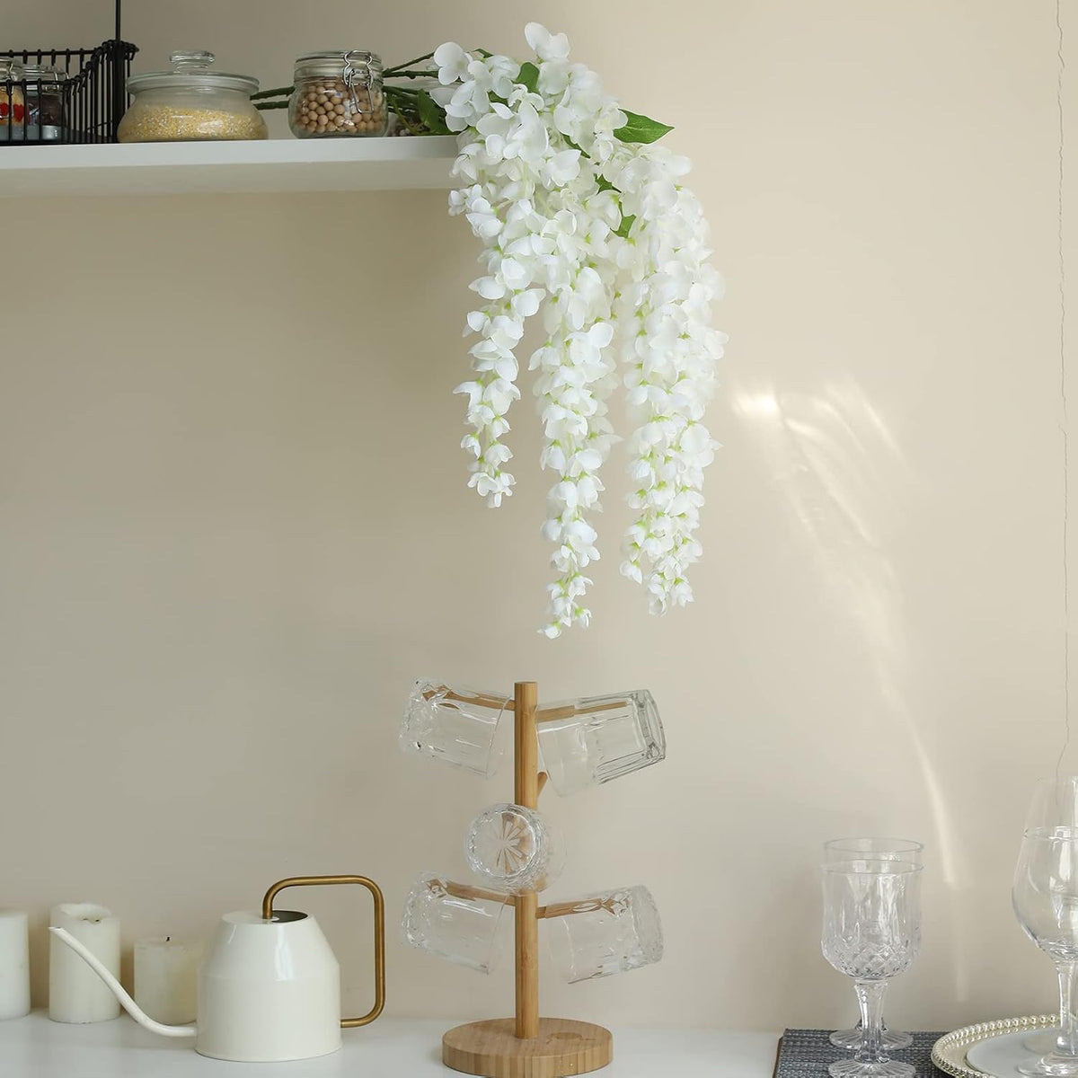 Dailisen 3 Strands 40'' Silk White Wisteria Artificial Flowers, Fake Wisteria Floral Hanging Plant Garland, for Home Decor, Party, Floor Vase, Balcony, Wedding Arrangement Decoration (White)