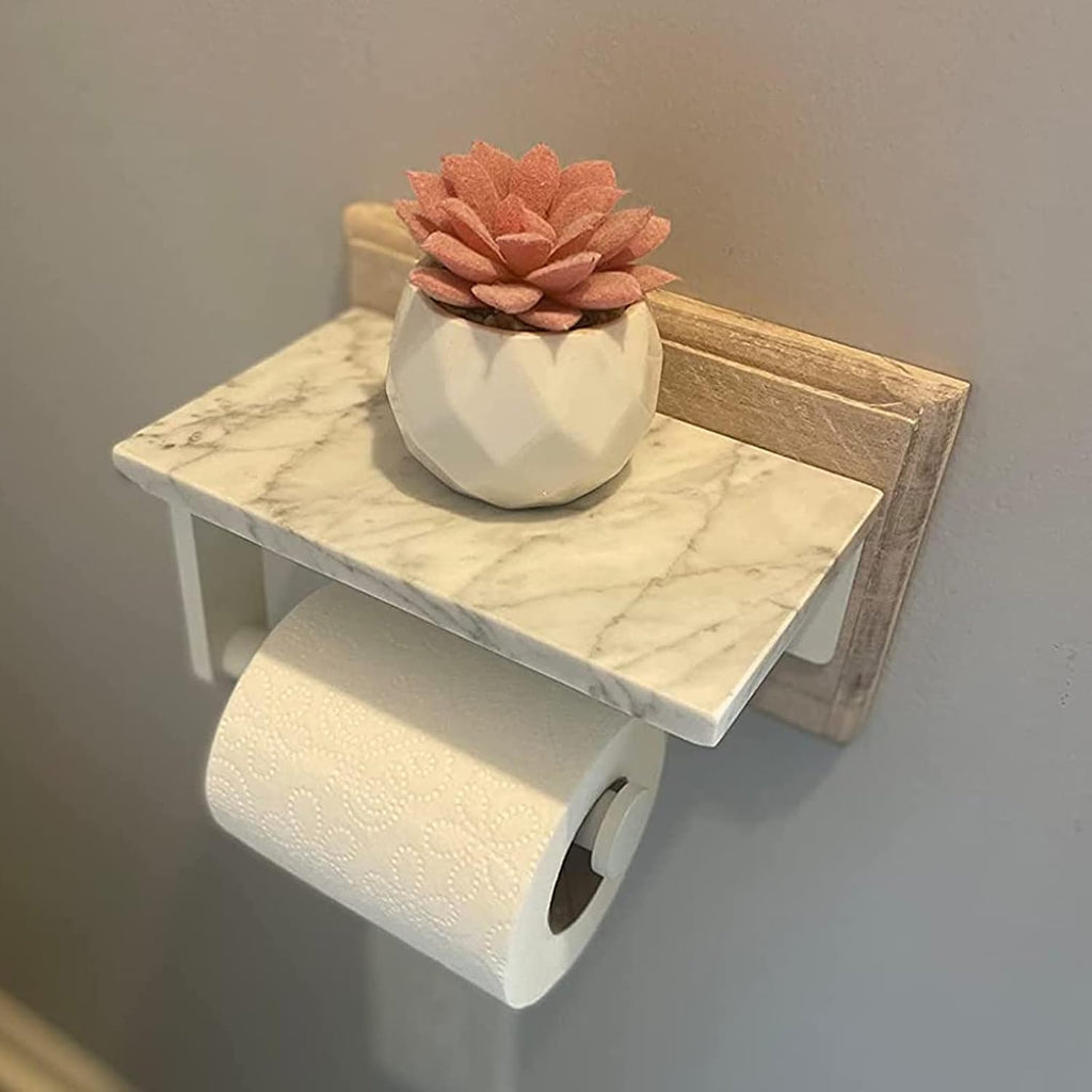 Gypie Toilet Paper Holder with Marble Shelf, Wall Mounted White