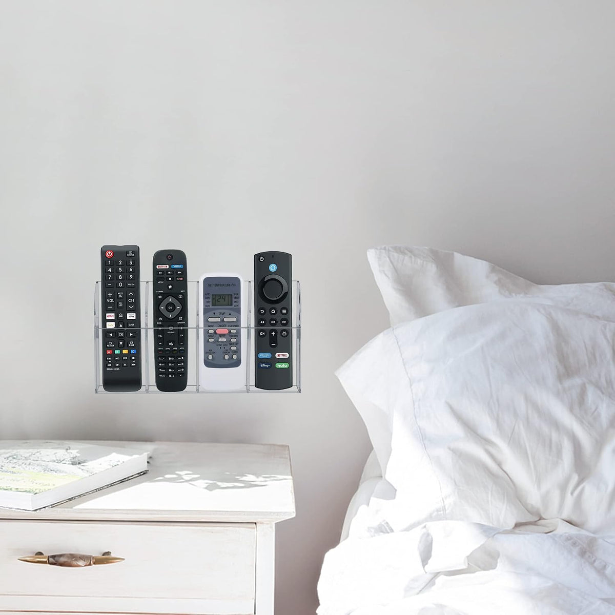 HBlife Acrylic Remote Holder Organizer, Clear TV Remote Control Wall Mount Caddy for Bedside, 4 Compartments