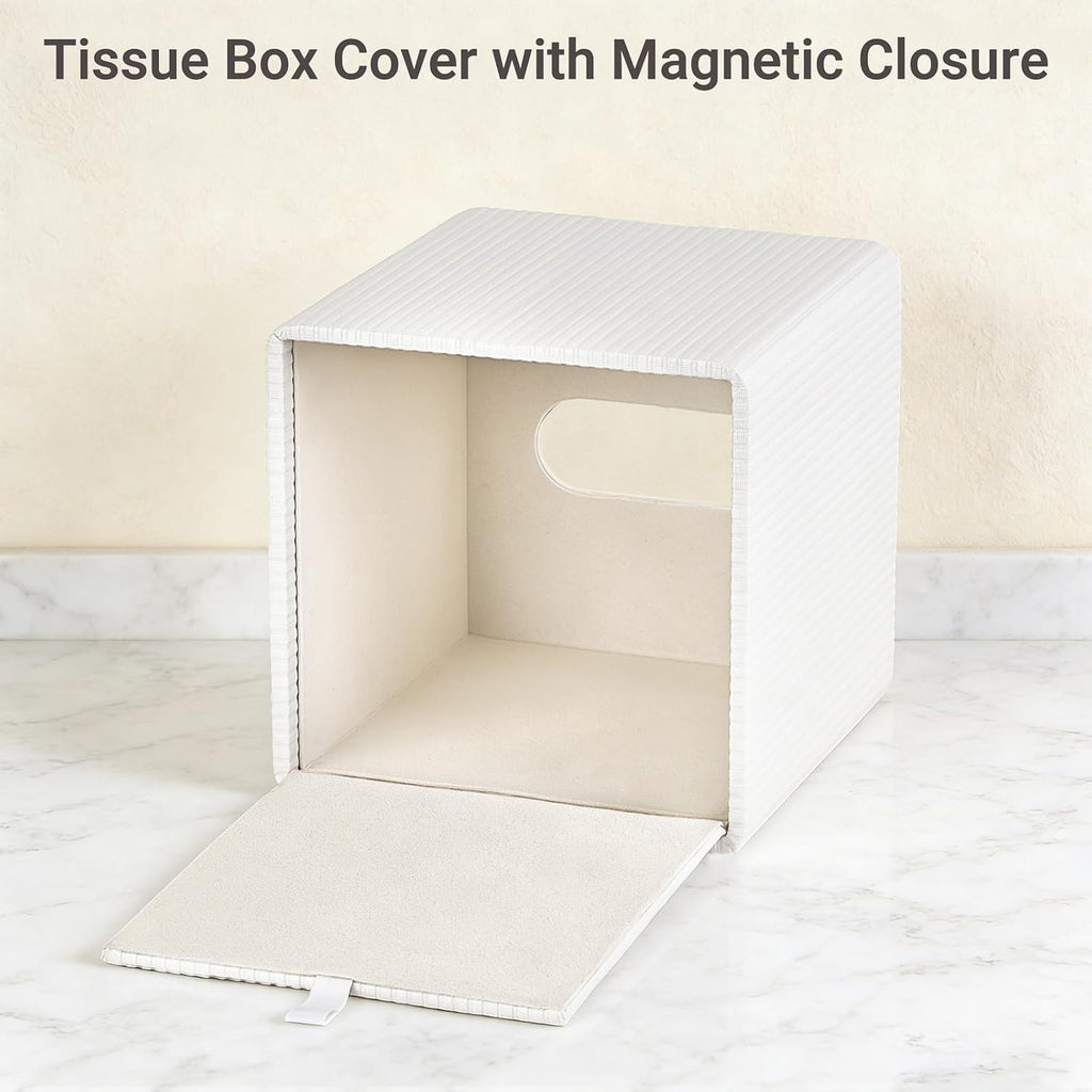 Mkono Tissue Box Cover, PU Leather Square Holder with Bottom, Beige