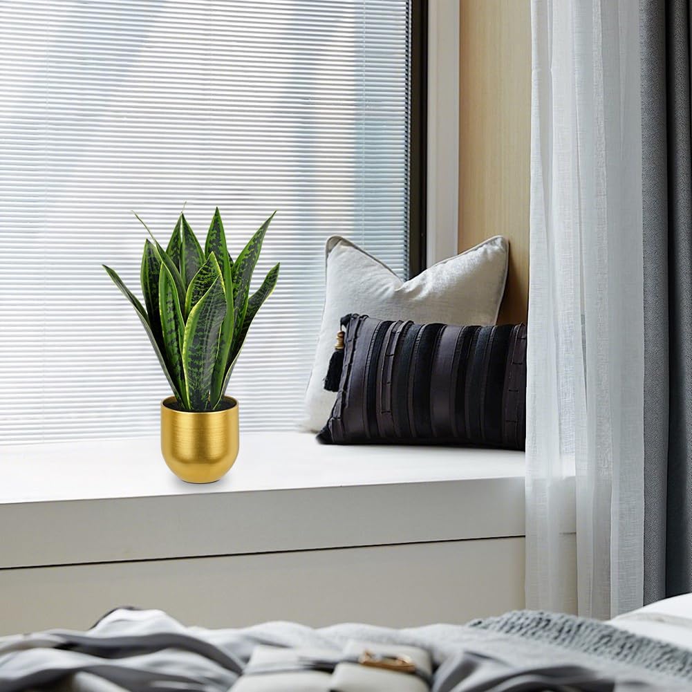 Briful Fake Plants 17" Artificial Snake Plant Faux Plants in Gold Pot Tropical Sansevieria Silk Plant Fake Potted Plants Indoor for Home Living Room Bathroom Office Housewarming Gift Decor