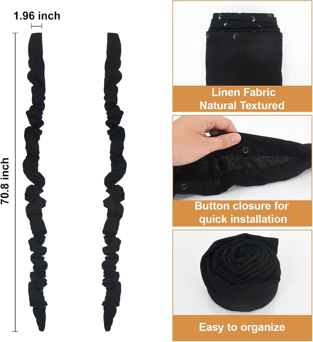 Black Farmhouse Cord Hider, TV Cord Cover and Cable Sleeve, 2 Pack 70.8 in with Button Snap Closure for Lamp Cord
