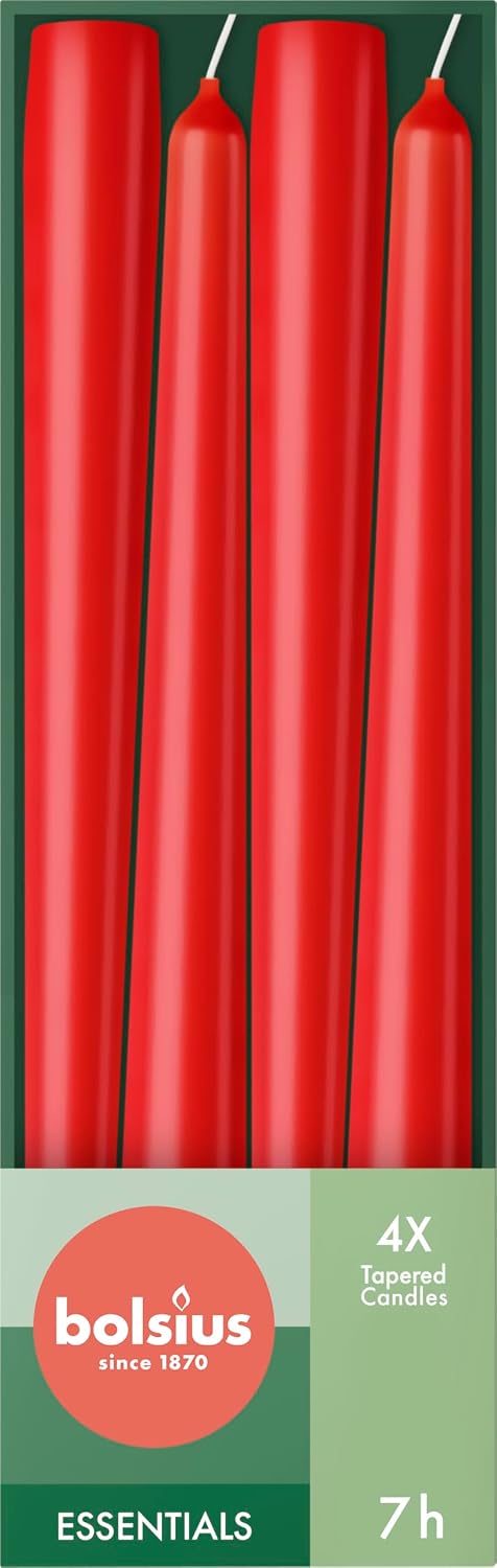 Bolsius Smooth Taper Candles - Red - Pack of 32 - Decorative Household Candles - Burning Time 7 Hours - Unscented - Contains Natural Plant Wax - Without Palm Oil - 24.5 cm