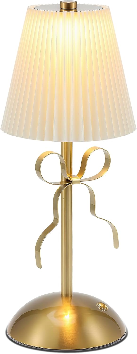 Rechargeable Small Table Lamp,Cute Desk Lamp,Gold Bow Lamp