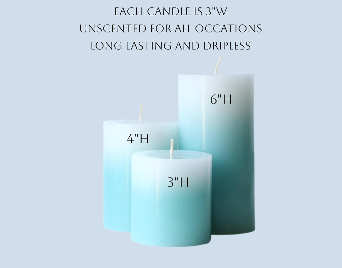 Ombre Gradation Pillar Candle Set by Modern Candle Design Set of 3-2.95", 4" and 6" Unscented (3 Turquoise)