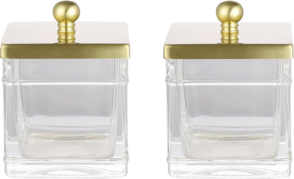 Glass Cotton Jar Holder 2 Pack– Brushed Gold Lid, Elegant Bathroom Storage Canister for Qtips, Cotton Balls, Floss, Makeup Organizer, Vanity & Bathroom Organization