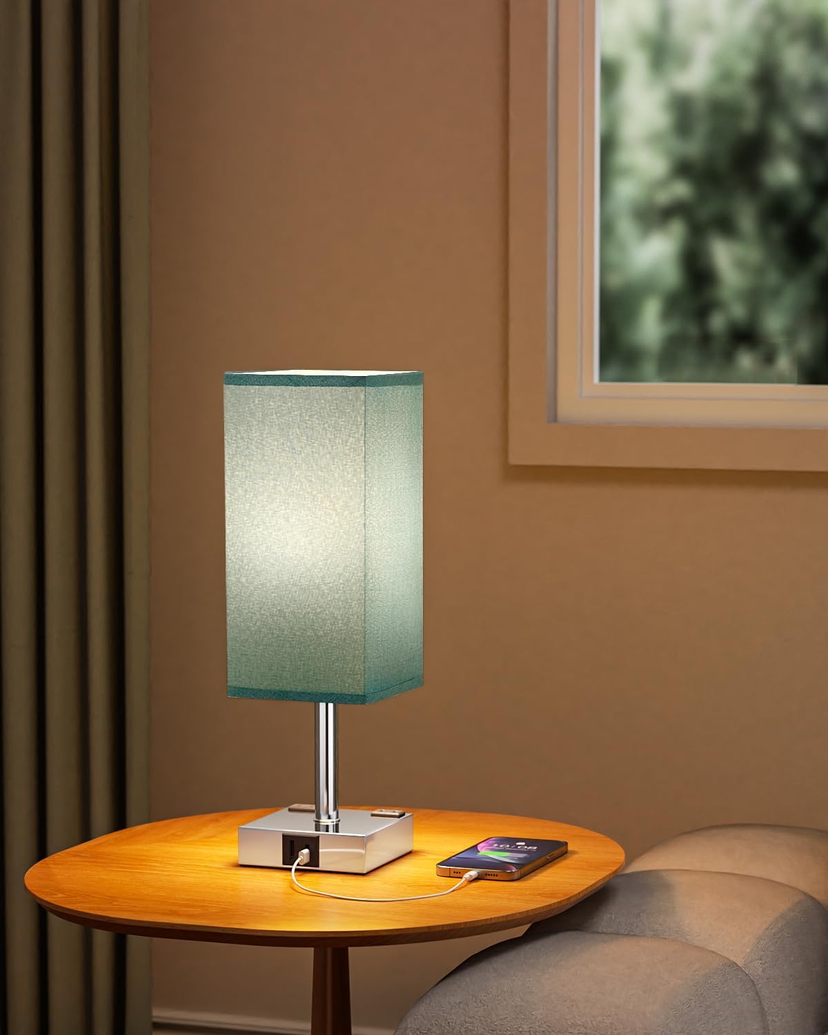 Turquoise Touch Table Lamp for Bedroom - Dimmable, USB C+A, 2 AC Outlets