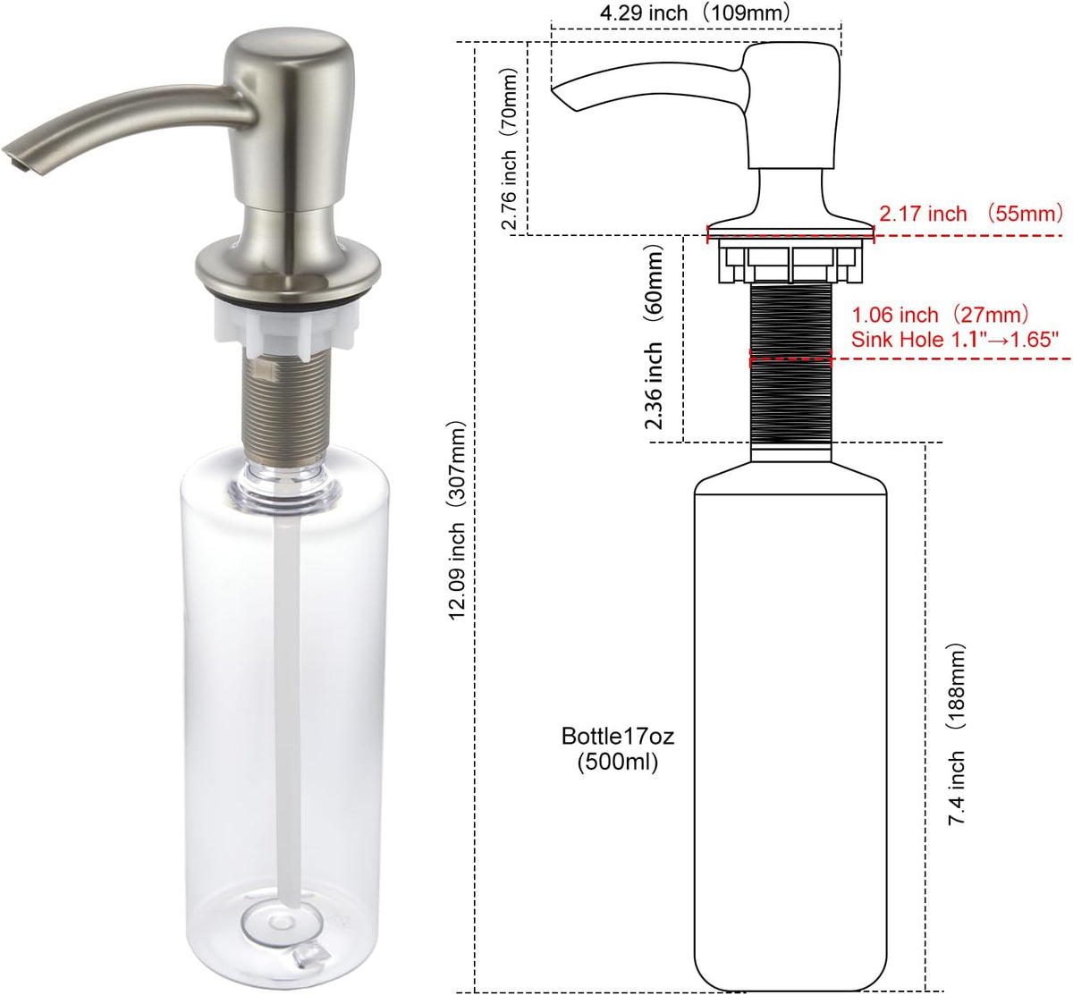 GAGALIFE Kitchen Sink Soap Dispenser with 17 OZ Large Bottle - G087BN