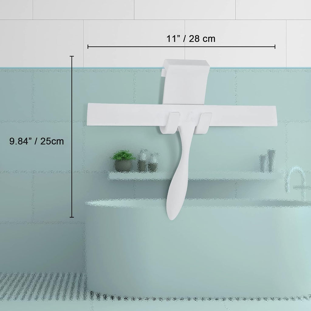 Squeegee for Shower Glass Door, 11-Inch Shower Squeegee for Glass Doors, Bathroom Silicone Squeegees Wiper for Shower with Non-Slip Handle, No-Drilling Silicone Hanging Hook, for Tiles, Mirror(White)