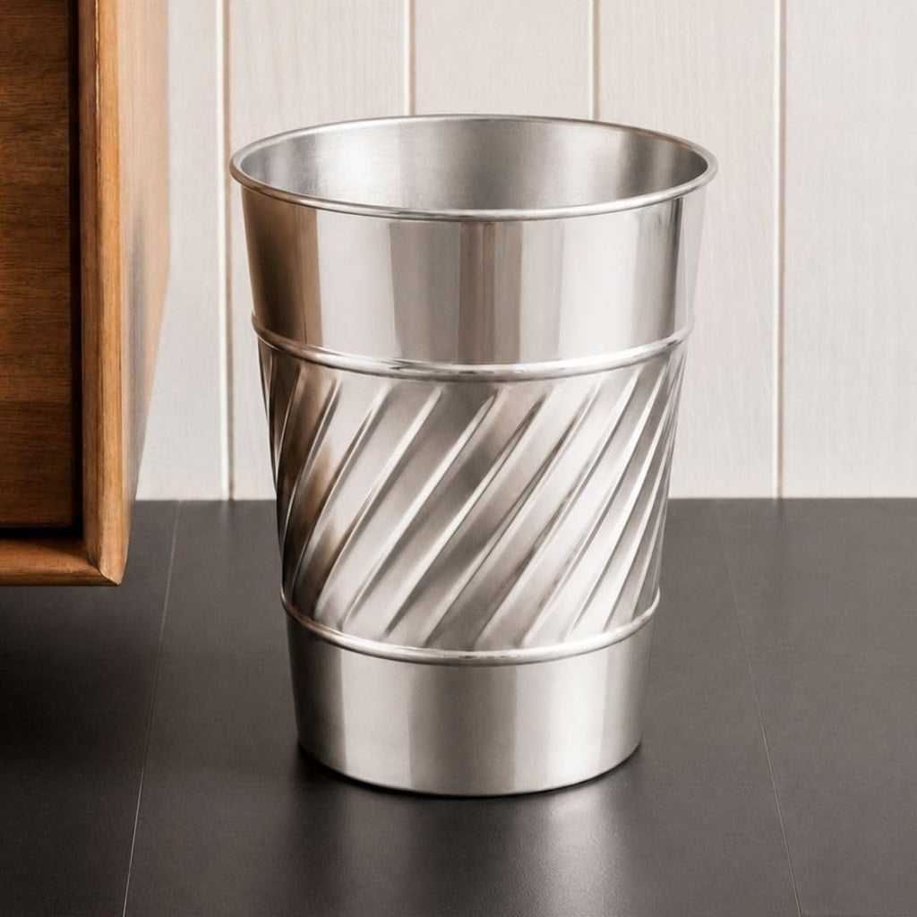 Monarch Abode Metal Bathroom Trash Can – Waste Basket for Bedroom, Office Desk, & Dorm, Handcrafted Wave Embossed, Durable Decorative Nickel Chrome Small Trash Can Bathroom Garbage Bin Wastebasket