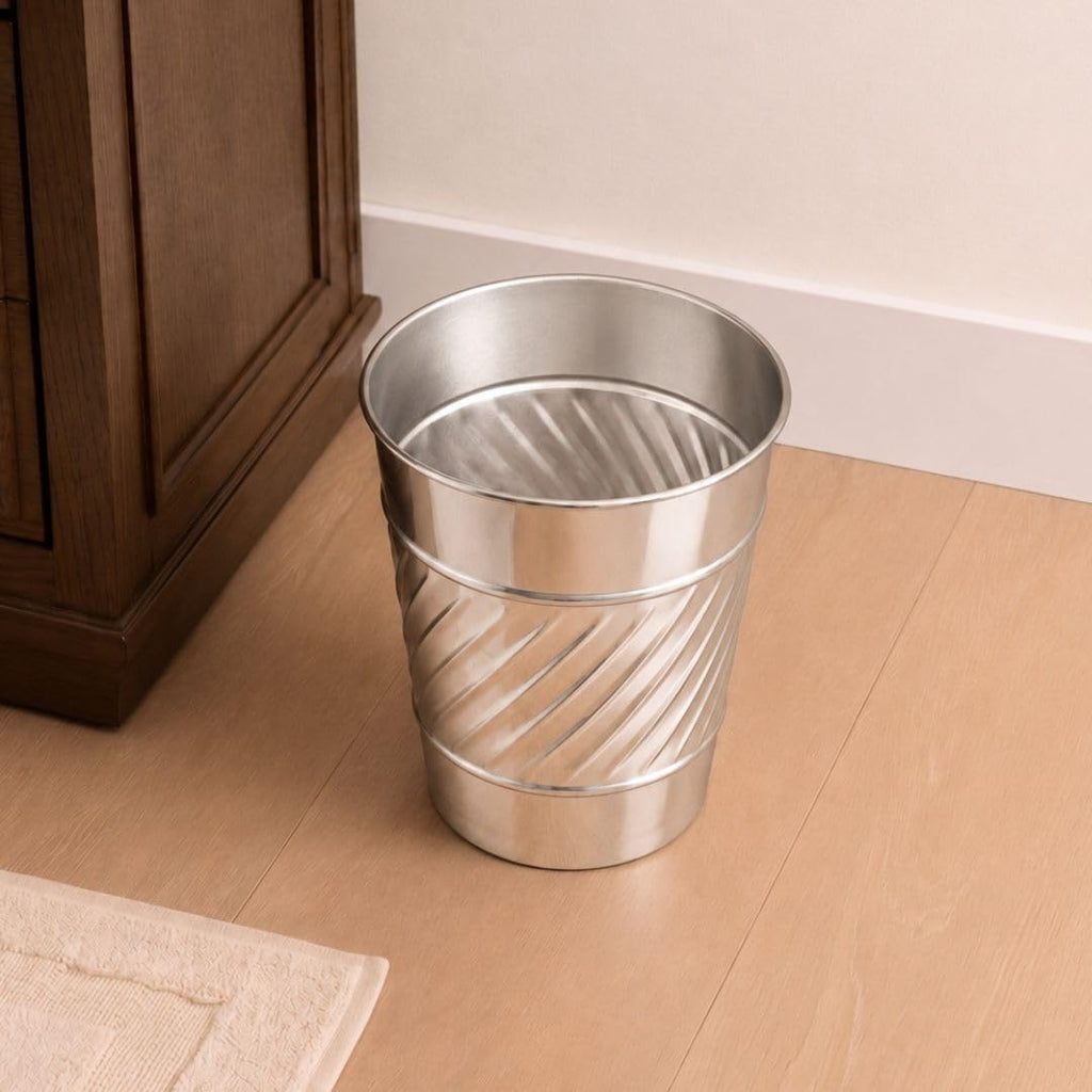 Monarch Abode Metal Bathroom Trash Can – Waste Basket for Bedroom, Office Desk, & Dorm, Handcrafted Wave Embossed, Durable Decorative Nickel Chrome Small Trash Can Bathroom Garbage Bin Wastebasket