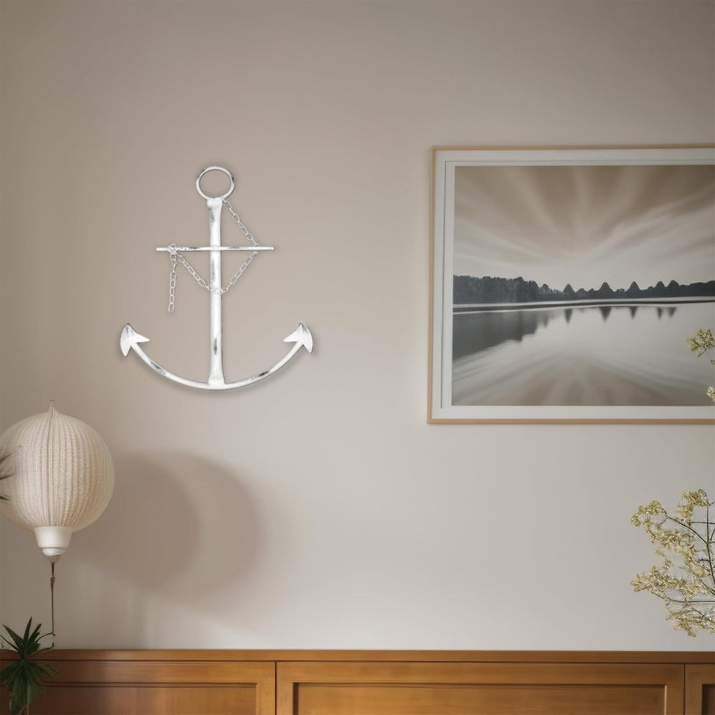 Fleecy day Nautical Anchor Wall Decor, Antique Metal Anchor Art Wall Decor With Chain,Vintage decorations for Bedroom,Living Room,Dorm Home,13in Antique Farmhouse Decor (Vintage White)
