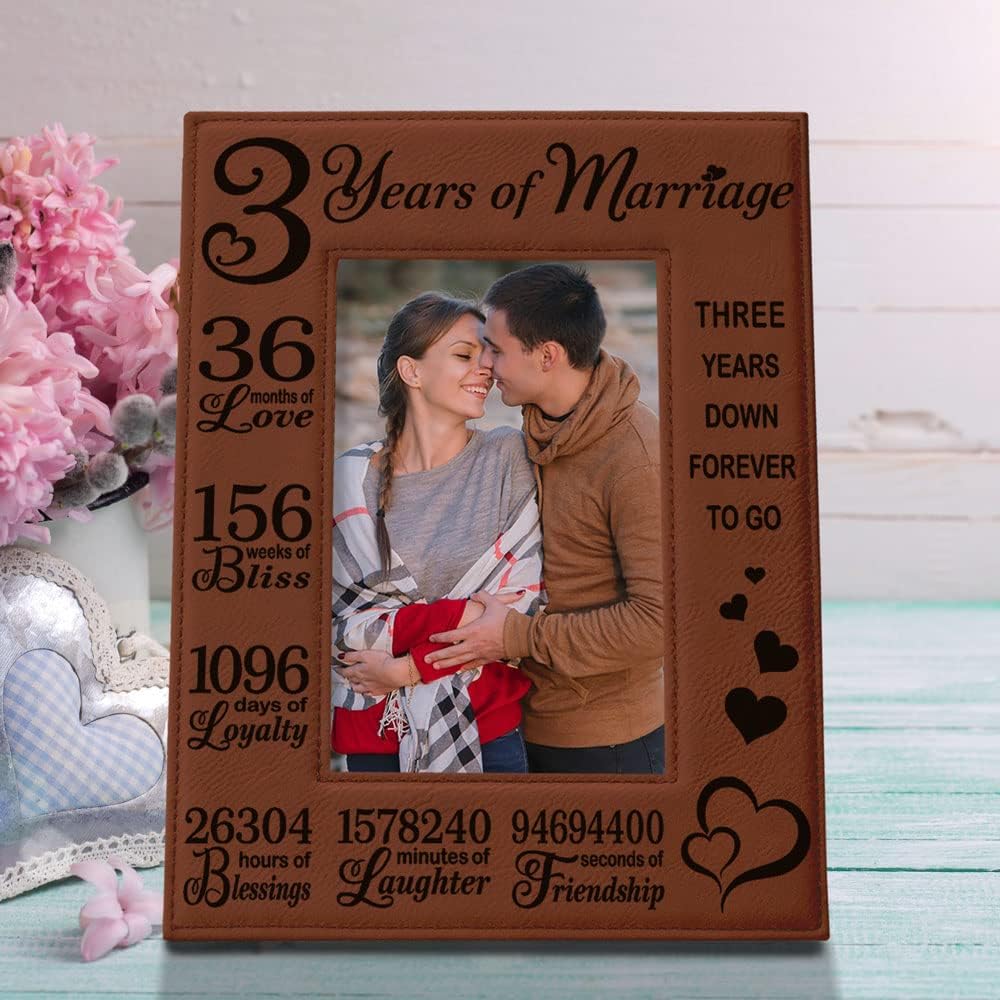 KATE POSH 3rd Anniversary Engraved Rawhide Leather Picture Frame (5x7 Vertical)
