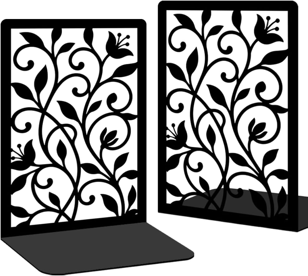 Flower Vine Twining Iron Metal Bookends for Shelves Elegant Book Ends Decorative Books, Desk Organizer Bookend for Book Display, Non-Slip Bookend for Library Office Home Decor