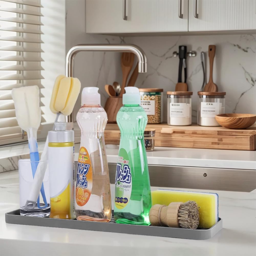 Silicone Organizer Tray for Kitchen Sinks and Bathrooms. Dishwasher-Safe, Non-Slip Countertop Tray, Bathroom Drawer Organizer Trays. Perfect for Makeup & Trinkets (Gray L 1PC)