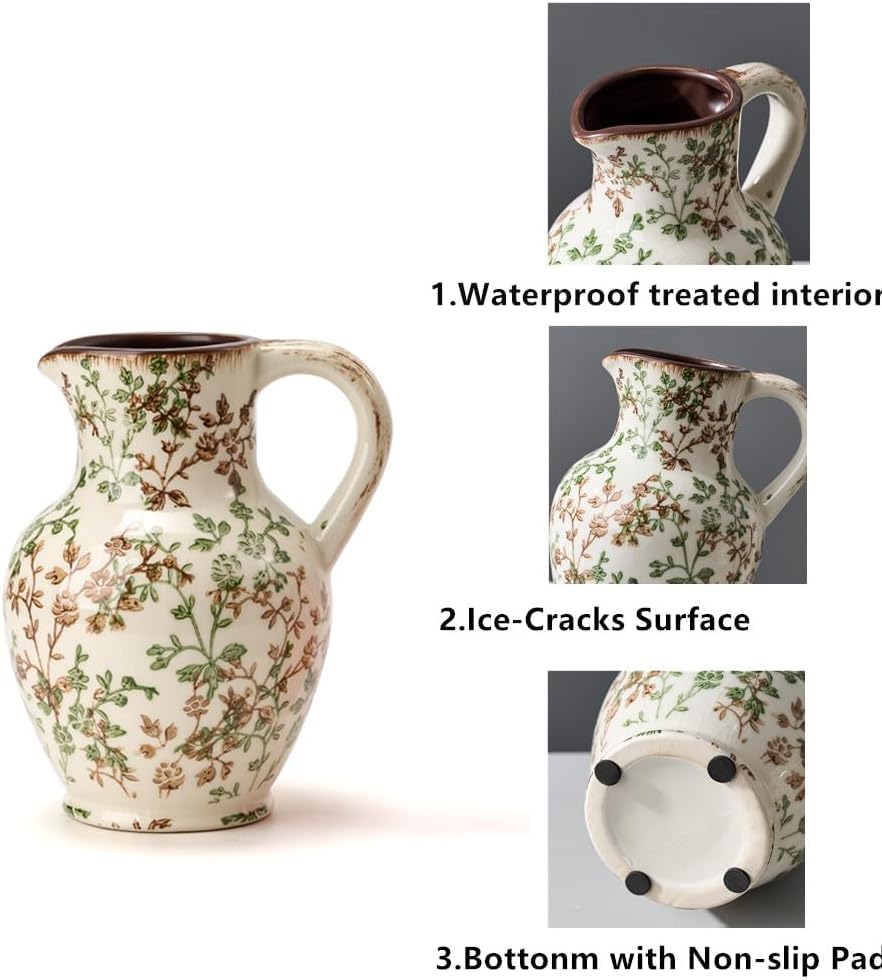 Ceramic Rustic Farmhouse Vase with Handle,‌Retro Flower Vase for Home Decor