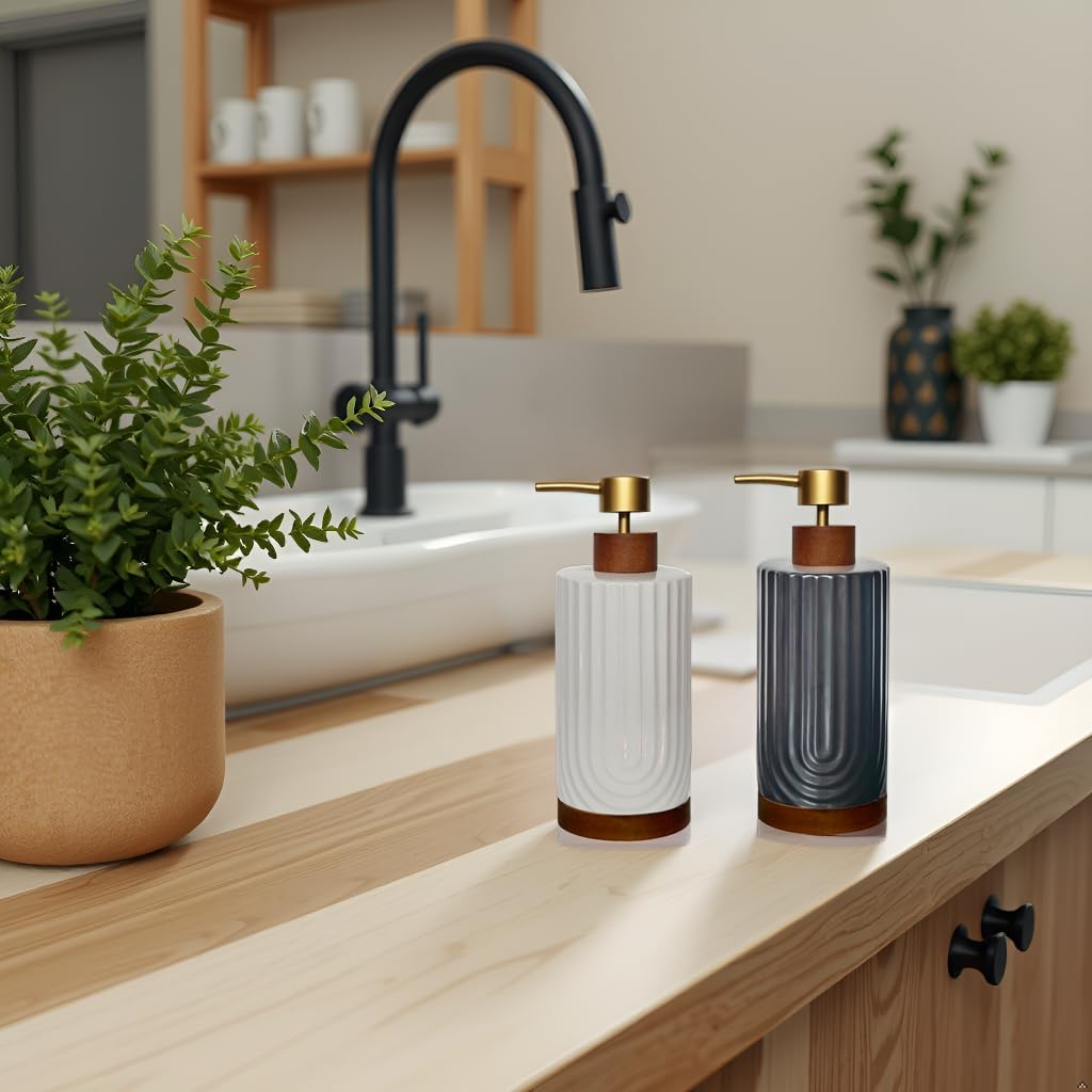 Black Soap Dispenser,Ceramic with Wood Hand Soap Dispenser, 16oz Refillable Liquid Bottle, for Modern Home Decor, Bathroom, Kitchen Countertop, Hotel (Black)