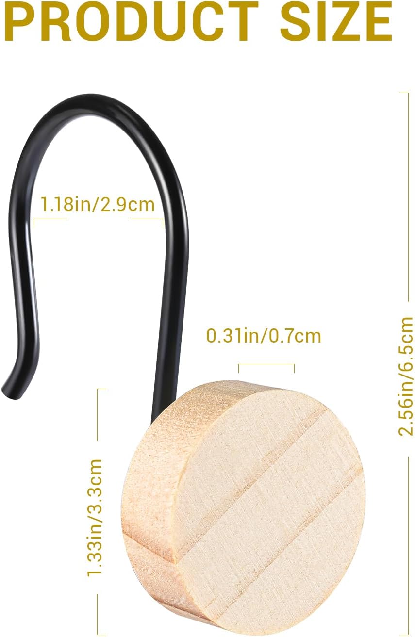 Wood Shower Curtain Hooks with Black Metal Rings, Set of 12 Decorative Hardware for Bathroom Rods