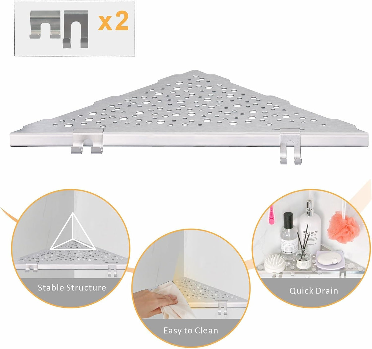 WELLUP Shower Shelf Brushed Nickel 2 Pack,Corner Shower Shelf with 4 Hooks
