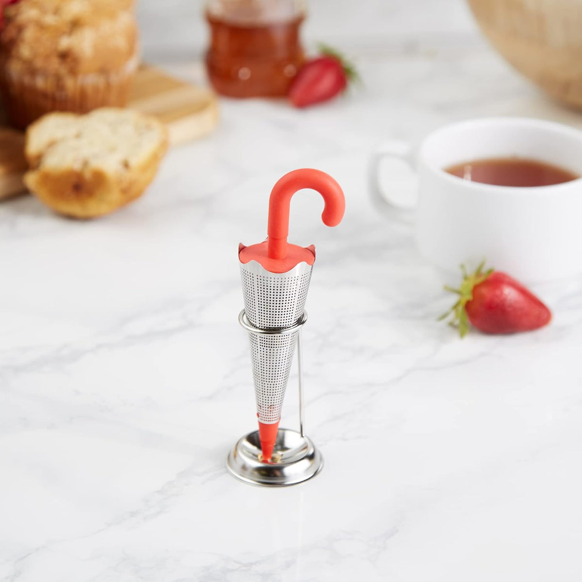 RSVP International Novelty Loose Leaf Tea Infuser/Strainer Includes Drip Stand, Umbrella/Stand, 1.25 x 5"