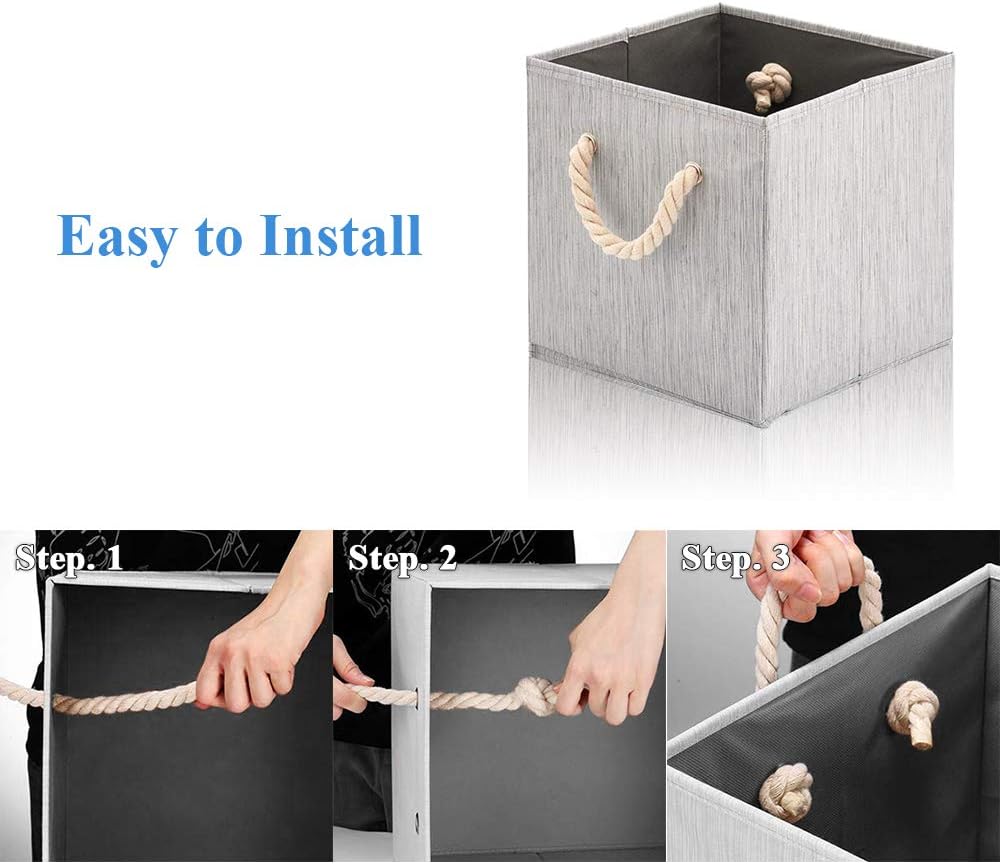 Foldable Bamboo Fabric Storage Bins [set of 4] with Cotton Rope Handles, Collapsible Organizer Boxes Basket - 10.5 x 10.5 x11 inch (Gray)