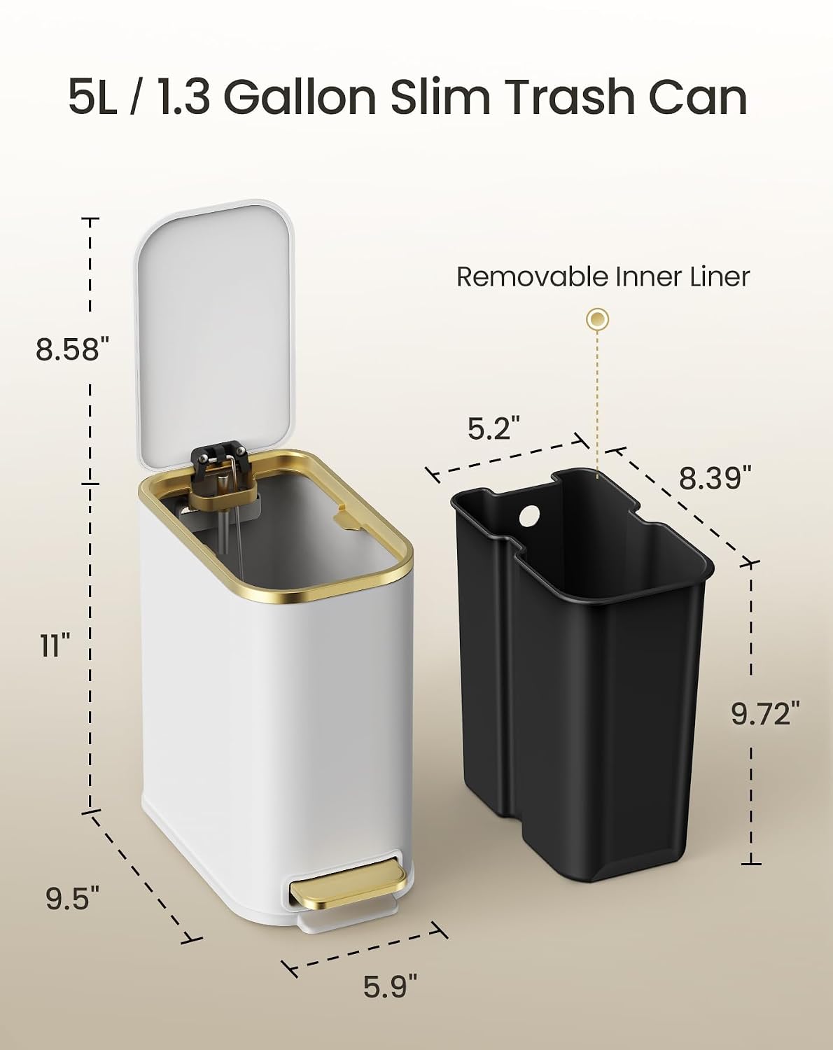 Cesun Small Bathroom Trash Can with Gold Grimmed Lid & Pedal, 1.3Gal, White