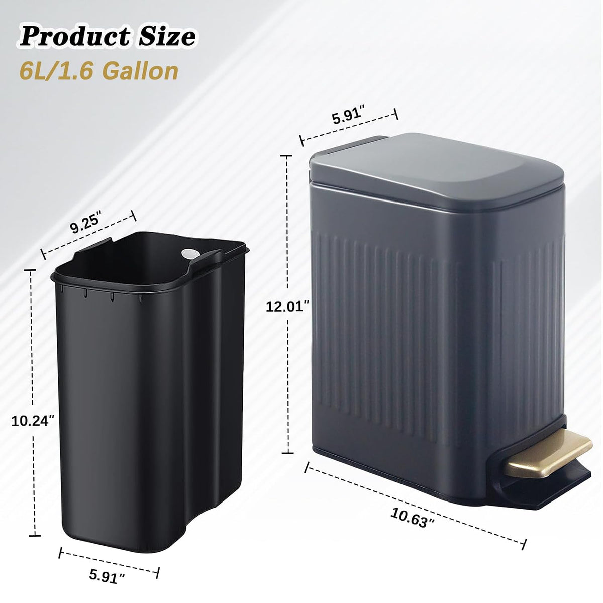 Soddeph Small Narrow Bathroom Trash Can with Lid Bathroom,1.6 Gallon Stainless Steel Wastebasket with Lid Soft Close,Slim Trash Can with Removable Inner Bucket for Toilet, Bedroom,Office (Gray)