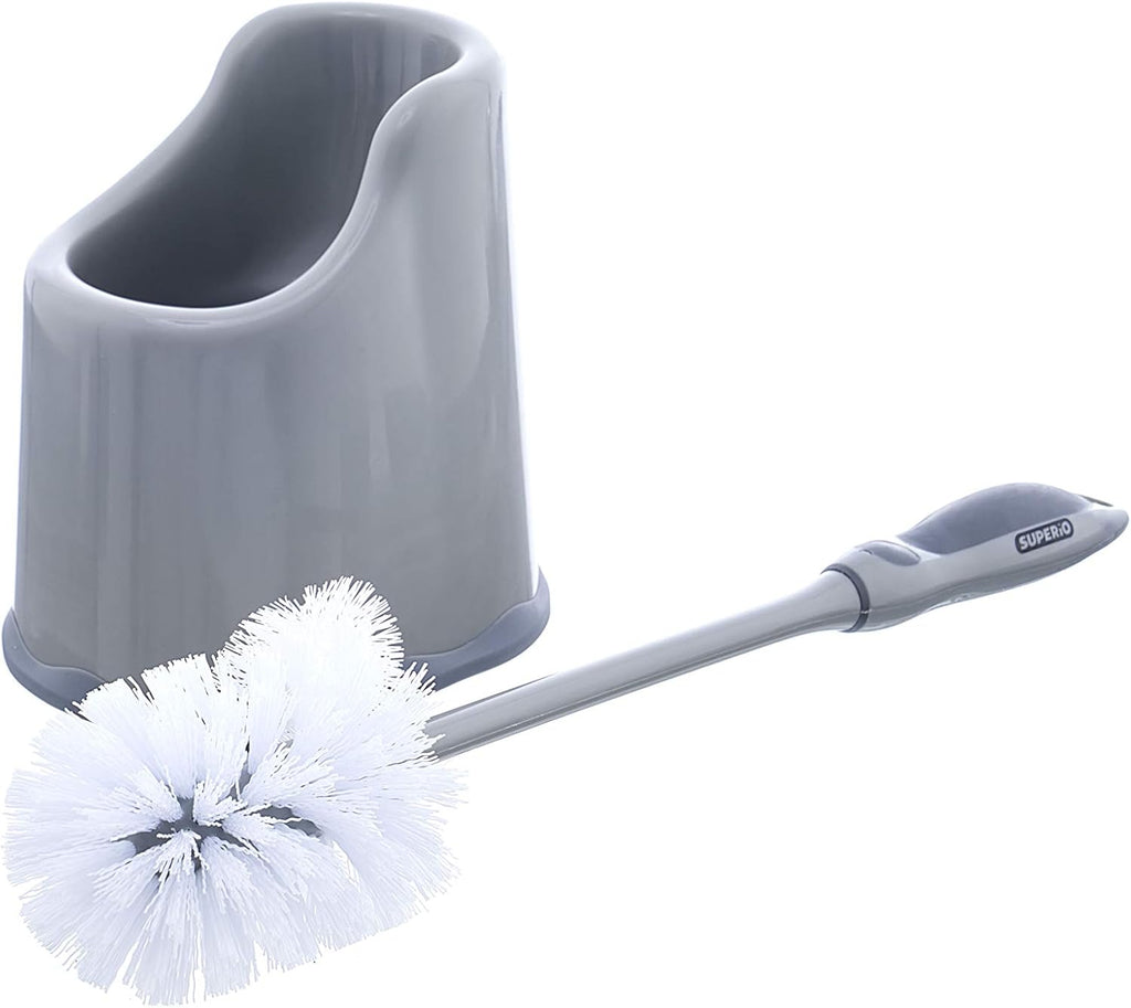 Superio Toilet Bowl Brush and Holder with Under Rim Cleaner for Bathroom, Toilet Brush and Caddy with Non Scratch Bristles and Under Rim Lip Brush, Grey (2 Pack)